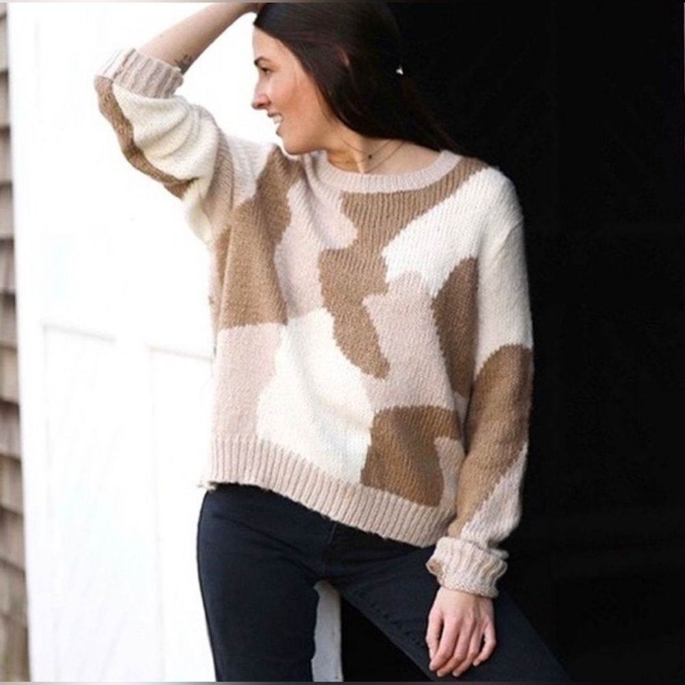 Wooden Ships Wool Mohair Camo Knit Pullover In Ivory Brown Women's Size M/L